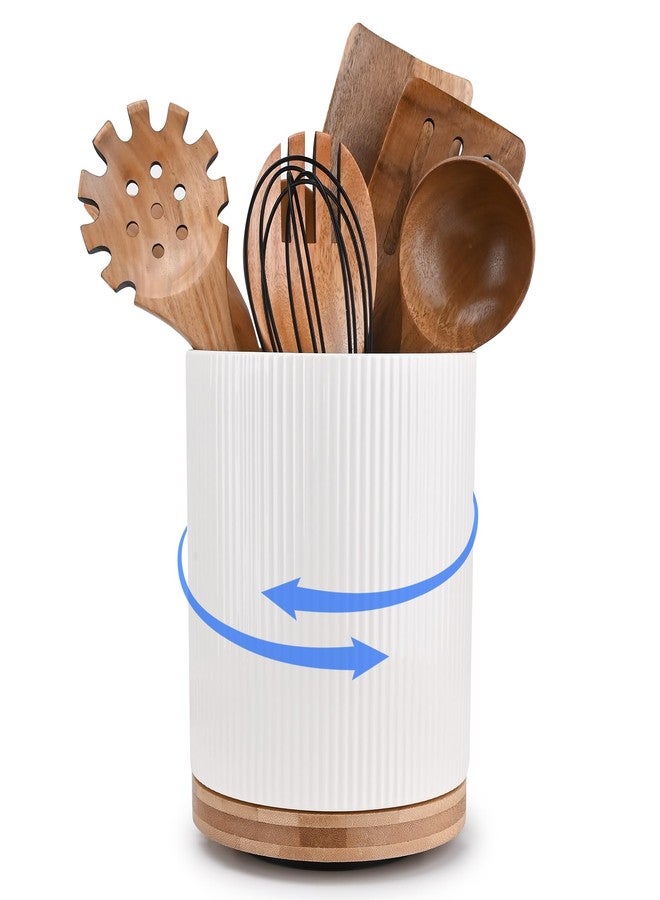 QUELIEN 360° Rotating Kitchen Utensil Holder for Countertop, Large Ceramic Utensil Crock Organizer with Non-Scratch Cork Base, Farmhouse White Cookware Storage Jar, Ideal Housewarming Gift - Image 1