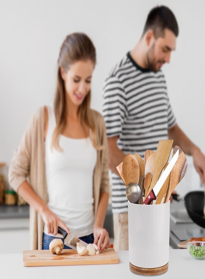QUELIEN 360° Rotating Kitchen Utensil Holder for Countertop, Large Ceramic Utensil Crock Organizer with Non-Scratch Cork Base, Farmhouse White Cookware Storage Jar, Ideal Housewarming Gift - Image 3