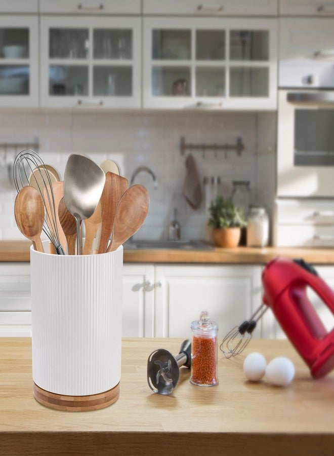 QUELIEN 360° Rotating Kitchen Utensil Holder for Countertop, Large Ceramic Utensil Crock Organizer with Non-Scratch Cork Base, Farmhouse White Cookware Storage Jar, Ideal Housewarming Gift - Image 2