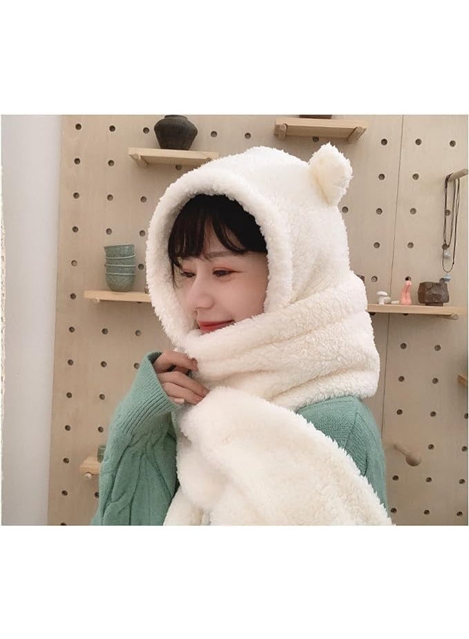 وشاح قبعة بيني للنساء كاواي على شكل دب على شكل أذن 2 في 1، شيربا لطيف ودافئ في الشتاء، قبعة محبوكة يابانية سميكة من الصوف الناعم - Image 5