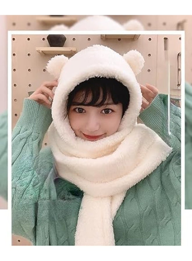 وشاح قبعة بيني للنساء كاواي على شكل دب على شكل أذن 2 في 1، شيربا لطيف ودافئ في الشتاء، قبعة محبوكة يابانية سميكة من الصوف الناعم - Image 4