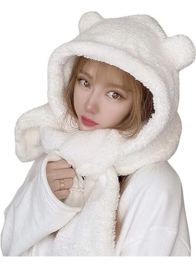 وشاح قبعة بيني للنساء كاواي على شكل دب على شكل أذن 2 في 1، شيربا لطيف ودافئ في الشتاء، قبعة محبوكة يابانية سميكة من الصوف الناعم - Image 1