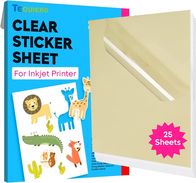TeQuiero 25 Transparent Sticker Paper Clear Sheets for Inkjet Printer A4 Size Self Adhesive Label Sheet for PVC Stickers for Clear Labels (Inkjet Printer) - 25 Sheets - Image 1