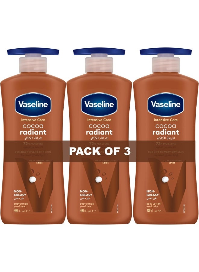 Vaseline لوشن الجسم من فازلين للعناية المكثفة للبشرة الجافة إلى الجافة جداً، كاكاو مشع، سريع الامتصاص، ترطيب لمدة 72 ساعة، 3 × 400 مل - Image 1