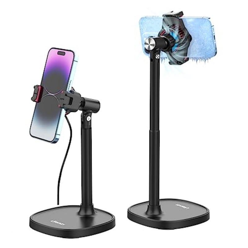 SK-06 Cell Phone Stand with Phone Cooler, Desktop Phone Live Streaming Solution with Phone Cooling Fan, Height Adjustable Phone Cooler Stand Compatible with All Mobile Phones, iPhone and Android - Image 1