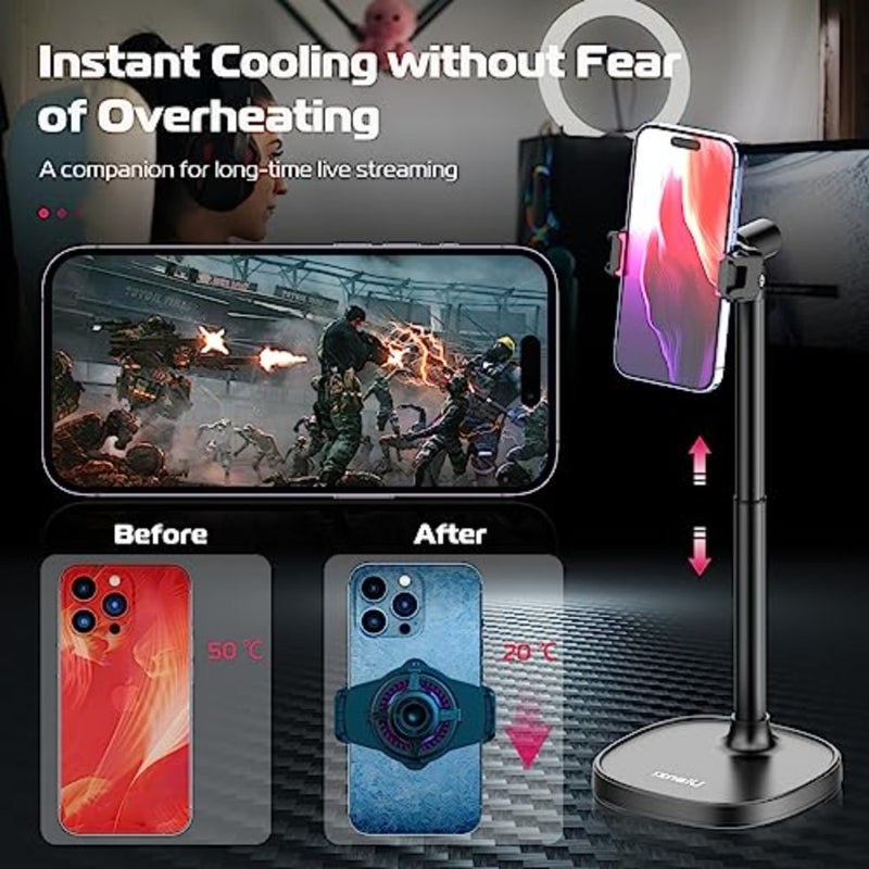 SK-06 Cell Phone Stand with Phone Cooler, Desktop Phone Live Streaming Solution with Phone Cooling Fan, Height Adjustable Phone Cooler Stand Compatible with All Mobile Phones, iPhone and Android - Image 2
