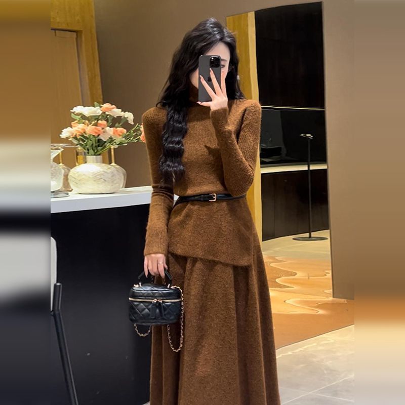 Elegant Xiaoxiang Hepburn Style Knitted Two-Piece Dress 2024 New Womens Clothing Early Autumn Tea Style Wear with a Complete Set of Outer Wear brown suit belt (quality assurance)