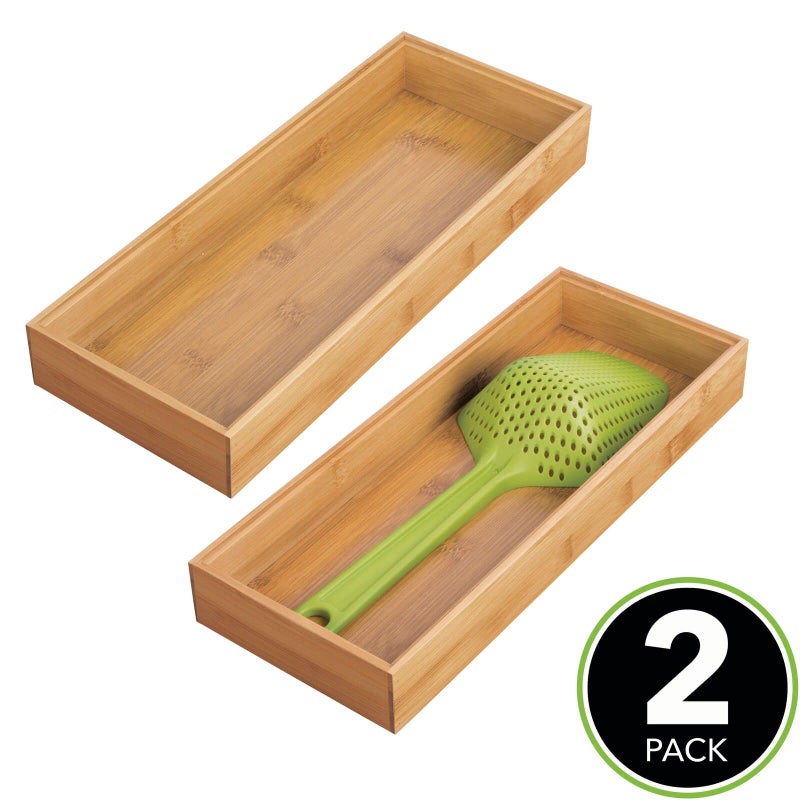 mDesign Wooden Bamboo Drawer Organizer - 15" Long Stackable Storage Box Tray for Kitchen Drawers/Cabinet - Utensil, Silverware, Spatula, and Flatware Holder - Echo Collection - 2 Pack, Natural Wood - Image 2