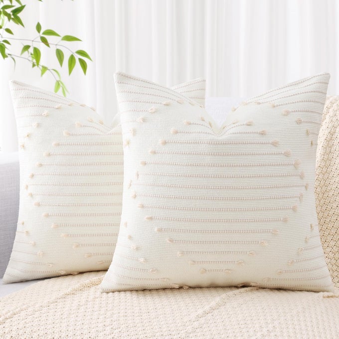 BOHO OUTDOOR THROW PILLOW COVERS 18X18 SET OF 2 FARMHOUSE DECORATIVE SUMMER PILLOW COVERS FOR COUCH SOFA LIVING ROOM BEIGE CREAM WHITE