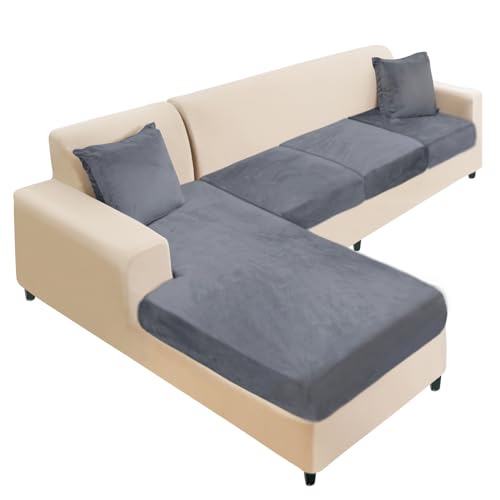 NAISI Sectional Couch Cover 4 Pieces Velvet Separate Couch Cushion Covers L Shape Soft Stretch Sofa Slipcovers with 2pcs Pillowcases for LeftRight Chaise Sectional Couch3 Seater1 ChaiseDark Grey
