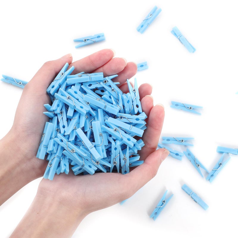 100PCS Baby Shower Clothespins Games Boy Plastic Clothes Pin with Storage Bag Mini Blue Pin Bulk 14 inch for Party Decorations DIY Crafts