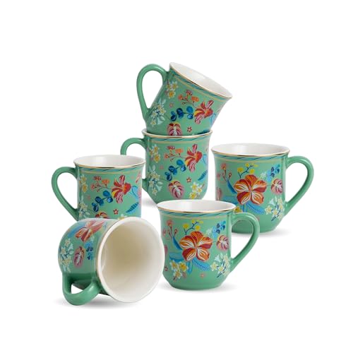 Shay Ceramic Tea Cups Set of 6, Big Bold Floral Mint,180ml | Glossy Finish | Small Cups for Tea (Floral Tea Cups - Mint Big Bold) - Image 1