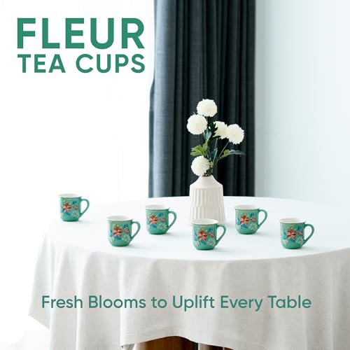 Shay Ceramic Tea Cups Set of 6, Big Bold Floral Mint,180ml | Glossy Finish | Small Cups for Tea (Floral Tea Cups - Mint Big Bold) - Image 3