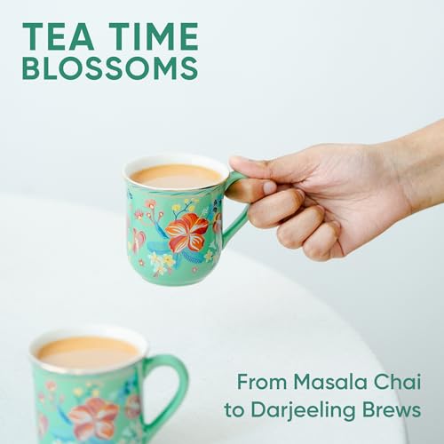 Shay Ceramic Tea Cups Set of 6, Big Bold Floral Mint,180ml | Glossy Finish | Small Cups for Tea (Floral Tea Cups - Mint Big Bold) - Image 5