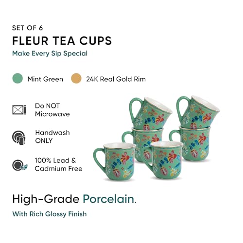 Shay Ceramic Tea Cups Set of 6, Big Bold Floral Mint,180ml | Glossy Finish | Small Cups for Tea (Floral Tea Cups - Mint Big Bold) - Image 2