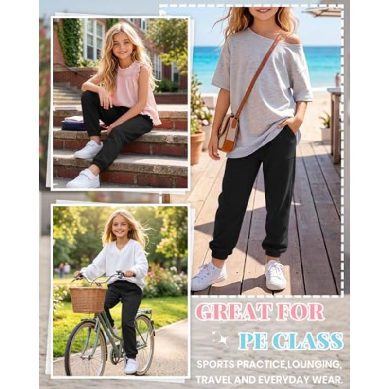 Halfchet Girl's Jogger Lightweight Sweatpants Elastic Waist Athletic Pants with Pockets Loose Fit Casual Activewear 5-14Y - Image 5