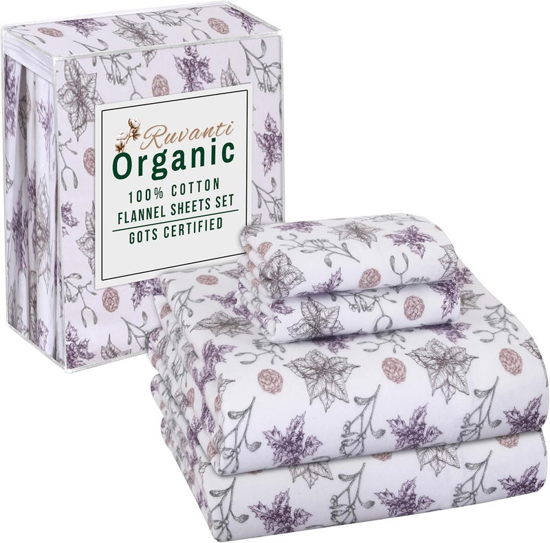 RUVANTI Flannel Sheets Queen Size - GOTS Certified 100% Organic Cotton, 4 Piece Warm, Soft & Breathable Set, Deep Pocket Snug Fit, Double Brushed Cozy All Season Bedding, Fir Affection - Image 1