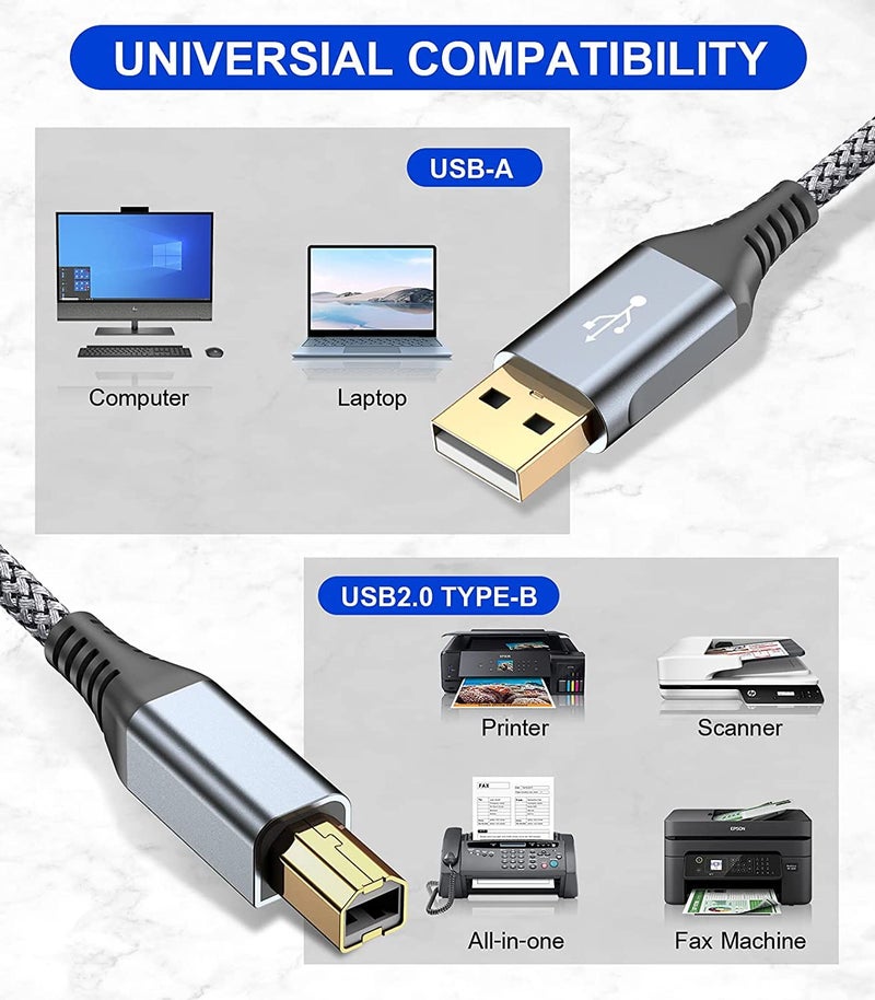 rts Usb Printer Cable Usb 2.0 (2M 6.6 Feet) High Speed Nylon Braided Cord For Cable Compatible With Printers,Scanner For Brother Dell,Hp,Epson,Canon,Xerox,Samsung,Epson,Lexmark Mfc,Oki,Grey - Image 2