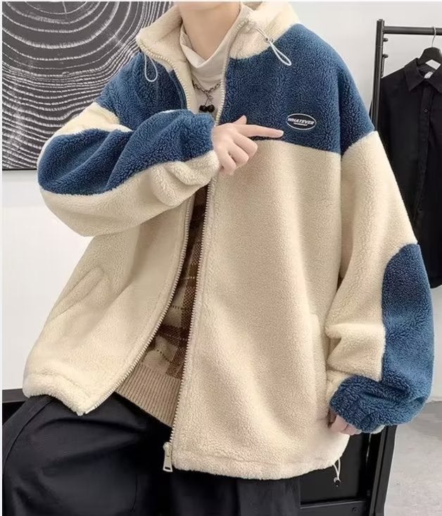 Lamb Wool Cotton Jacket Men 2024 Autumn Winter Thick Loose Warm Khaki