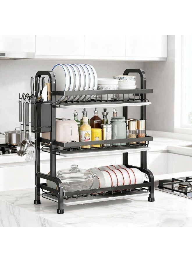 FUOE Dish Drying Rack, 3-Tier Dish Rack Drainboard Set, Kitchen Multi-functional Stainless Steel Removable Cutlery Drain Rack, Dish Drainer with Drip Tray Knife Holder, Cutting Board Holder for Kitchen Dish Strainers for Counter - Image 1