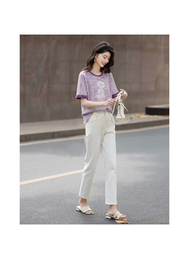 dme Demna Summer Fashion Round Neck Embroidered Patchwork Color Block T-Shirt With Cloud Cotton Loose Sleeves For Women - Image 4