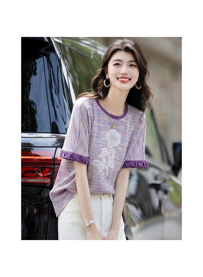 dme Demna Summer Fashion Round Neck Embroidered Patchwork Color Block T-Shirt With Cloud Cotton Loose Sleeves For Women - Image 3