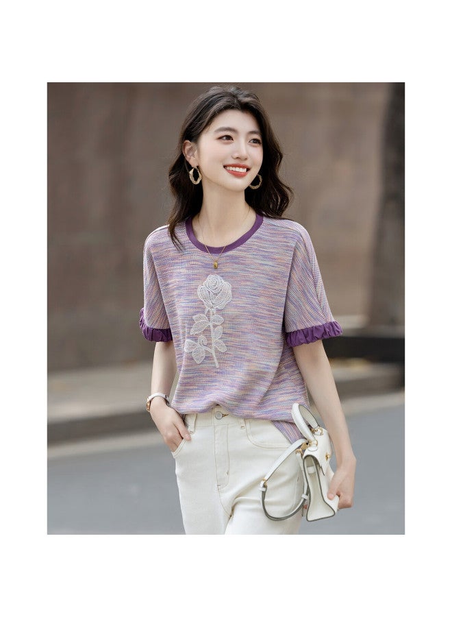dme Demna Summer Fashion Round Neck Embroidered Patchwork Color Block T-Shirt With Cloud Cotton Loose Sleeves For Women - Image 2