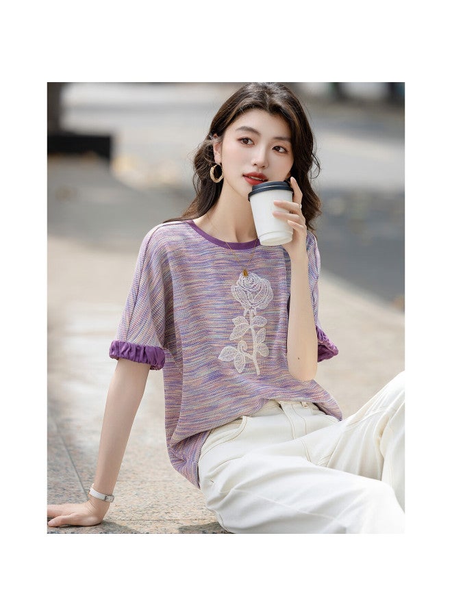 dme Demna Summer Fashion Round Neck Embroidered Patchwork Color Block T-Shirt With Cloud Cotton Loose Sleeves For Women - Image 1