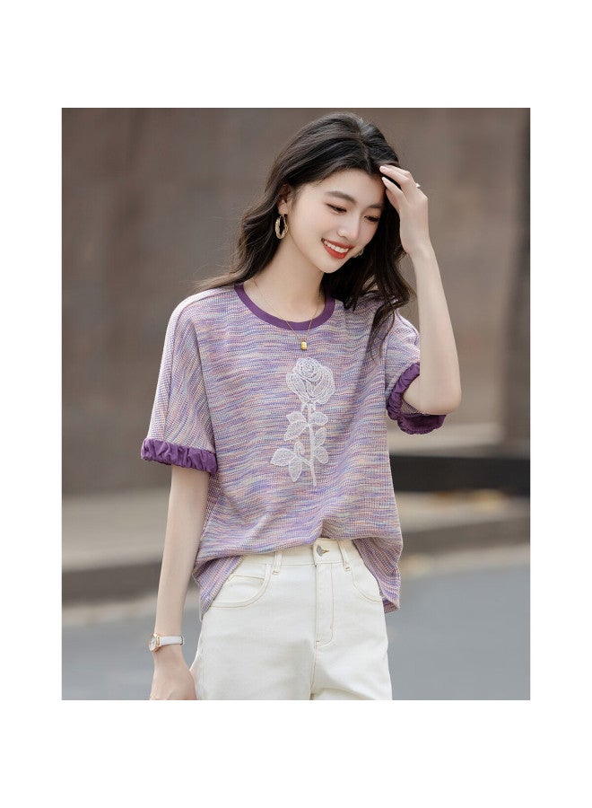 dme Demna Summer Fashion Round Neck Embroidered Patchwork Color Block T-Shirt With Cloud Cotton Loose Sleeves For Women - Image 5