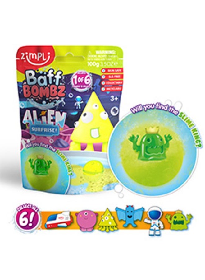 Zimpli kids BAFF BOMBZ Alien Surprise Bath Bomb, 100 g, Mystery Bath Bomb with 1 of 6 Collectible Alien Figures, Skin Safe, Drain Safe, Easy Clean, Stain Free, Kids Bath Time Fun - Image 1