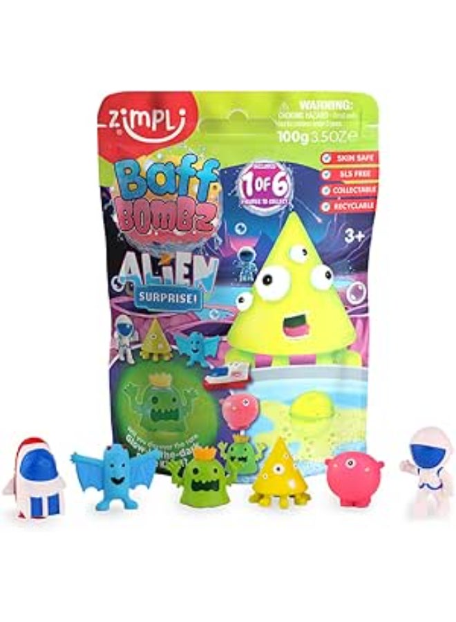 Zimpli kids BAFF BOMBZ Alien Surprise Bath Bomb, 100 g, Mystery Bath Bomb with 1 of 6 Collectible Alien Figures, Skin Safe, Drain Safe, Easy Clean, Stain Free, Kids Bath Time Fun - Image 2