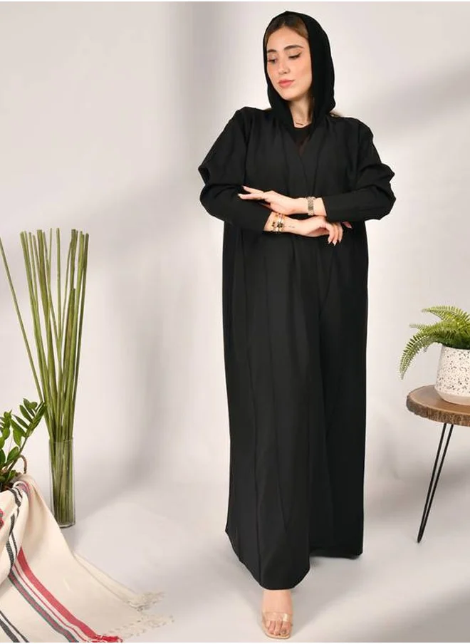 HAWRAA ABAYA Black wrap abaya with a light cloche design, striped, and narrow sleeves