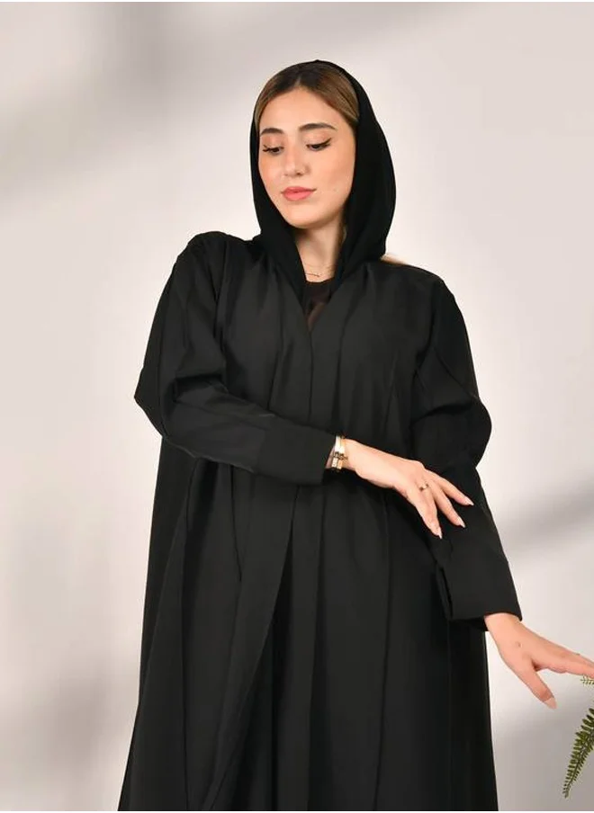 HAWRAA ABAYA Black wrap abaya with a light cloche design, striped, and narrow sleeves