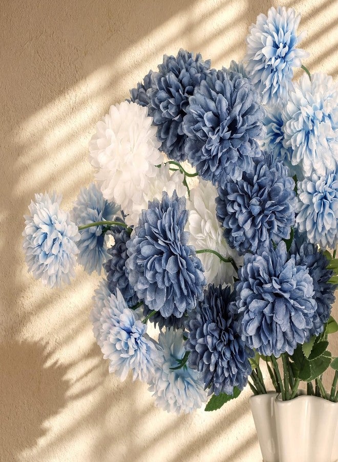 Giegxin 8pcs 21in Artificial Chrysanthemum Navy Blue Silk Mum Flowers with 5 Heads Ball Faux Kiku Flower Pompom Floral for Spring Summer Table Centerpieces Home Indoor Decoration(White and Navy Blue) - Image 4