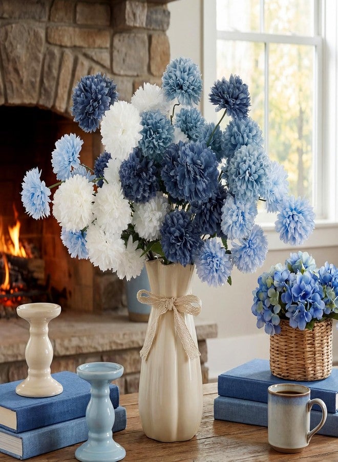 Giegxin 8pcs 21in Artificial Chrysanthemum Navy Blue Silk Mum Flowers with 5 Heads Ball Faux Kiku Flower Pompom Floral for Spring Summer Table Centerpieces Home Indoor Decoration(White and Navy Blue) - Image 1