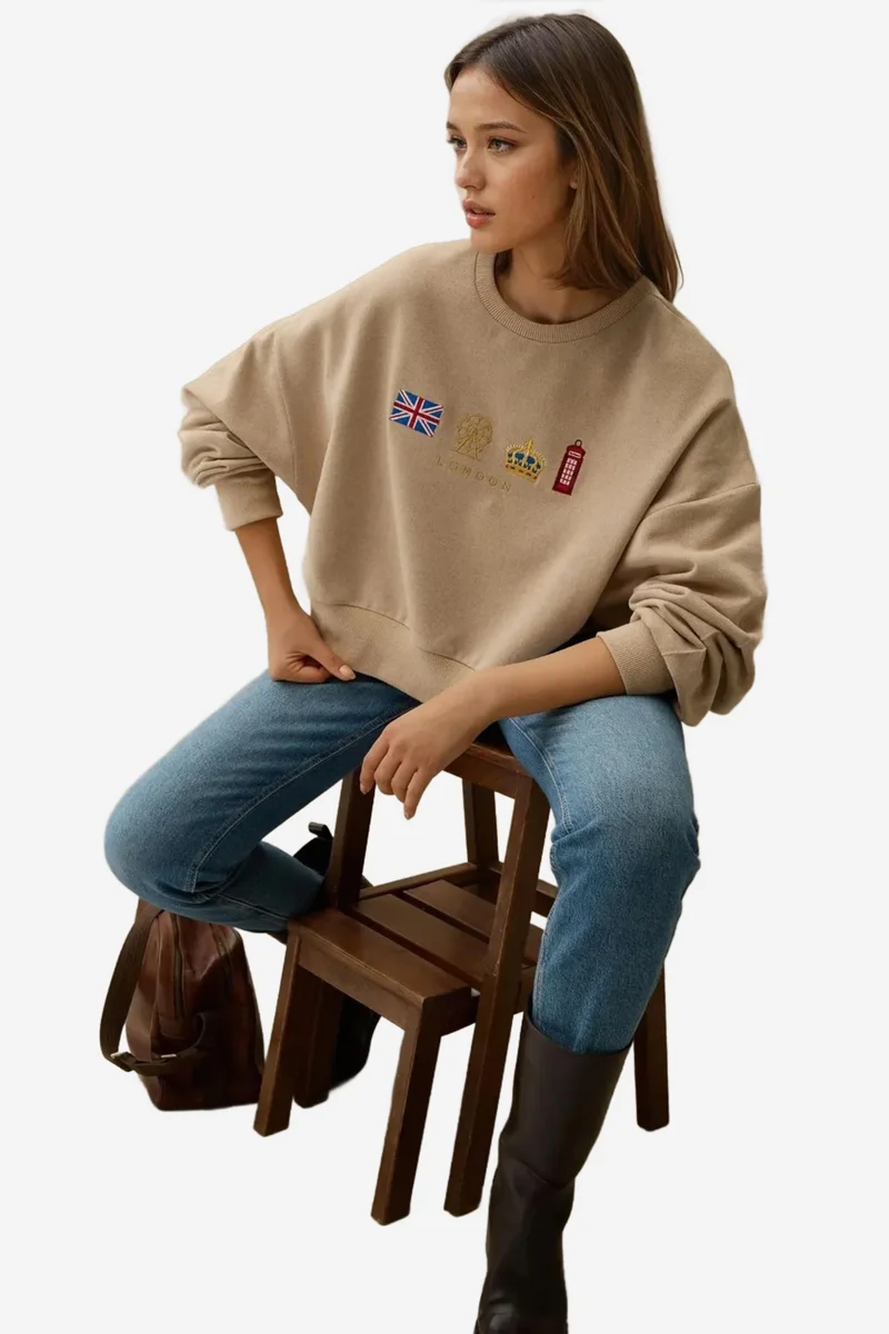 Hiccup Natural Embroidered Crew Neck Cottoned Raised Sweatshirt for Women | Best Price UAE