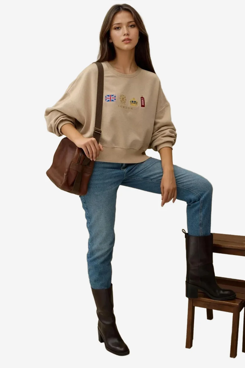Hiccup Natural Embroidered Crew Neck Cottoned Raised Sweatshirt for Women | Best Price UAE
