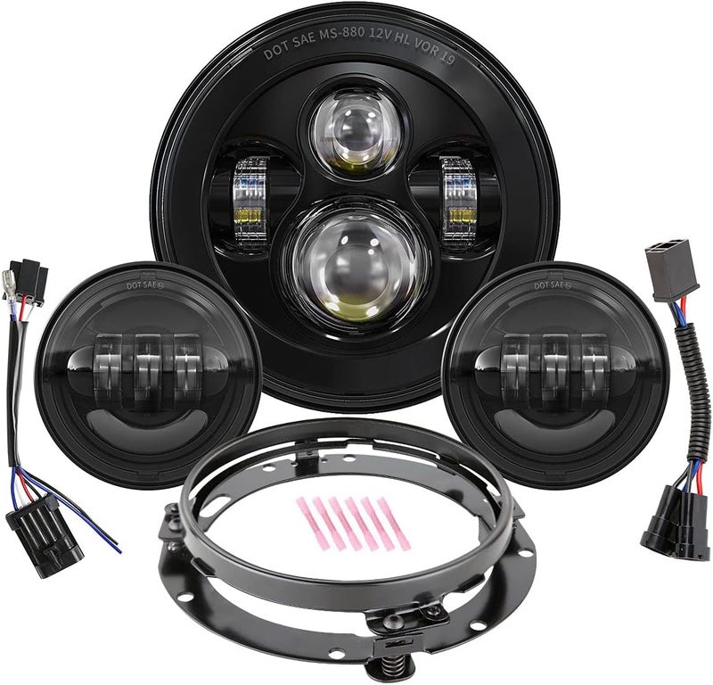 XPCTD 7 Inch Round LED Headlight Bulb kit With 4.5 Inch Passing Lamps Fog Lights Mounting Ring For Street Glide Ultra Classic Road King Electra Glide Heritage Softail Slim Deluxe Fatboy Tri CVO (Black) - Image 1
