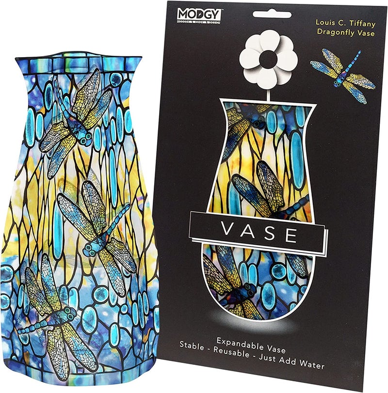 MODGY Collapsible and Expandable Plastic Flower Vase, Unbreakable, Foldable, Decorative Modern Centerpieces, Table Decorations, Louis C. Tiffany Dragonfly, 1 Pack - Image 1