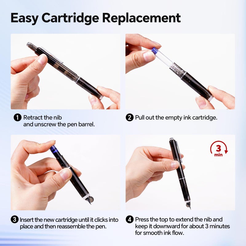 WRITECH Clictek Fountain Pen Retractable: Medium Nib Blue Ink Transparent Barrel Includes 5 Refillable Ink Cartridges, Smooth Writing No Leaking - Image 2
