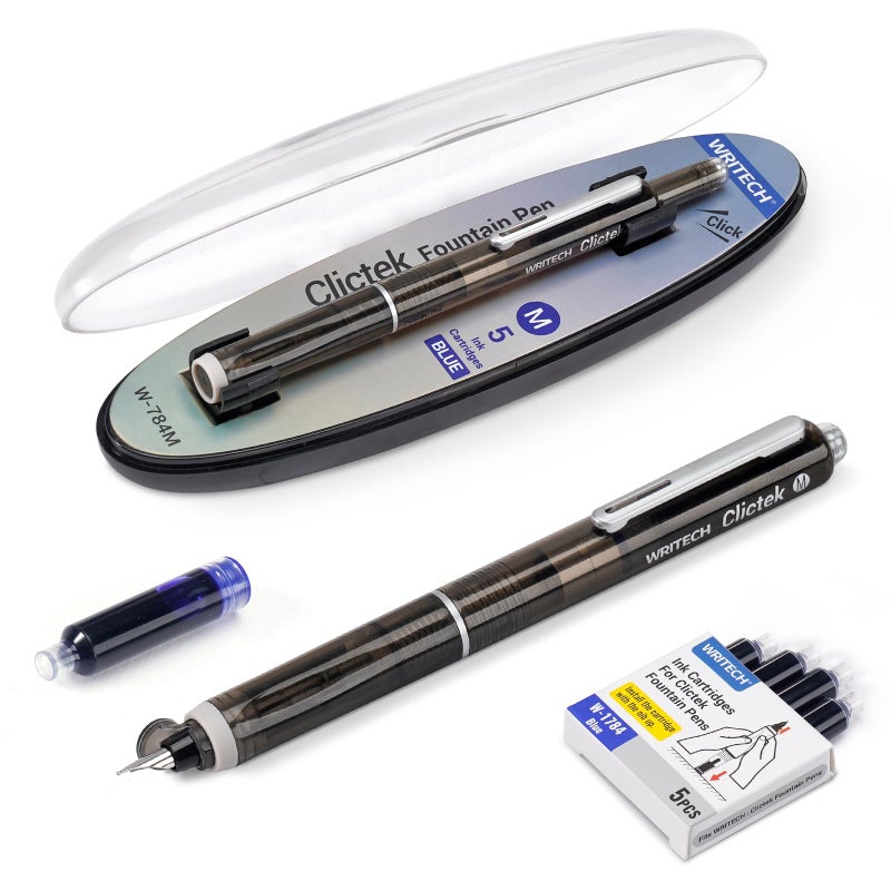 WRITECH Clictek Fountain Pen Retractable: Medium Nib Blue Ink Transparent Barrel Includes 5 Refillable Ink Cartridges, Smooth Writing No Leaking - Image 1