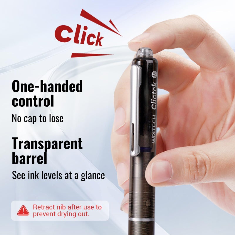 WRITECH Clictek Fountain Pen Retractable: Medium Nib Blue Ink Transparent Barrel Includes 5 Refillable Ink Cartridges, Smooth Writing No Leaking - Image 3