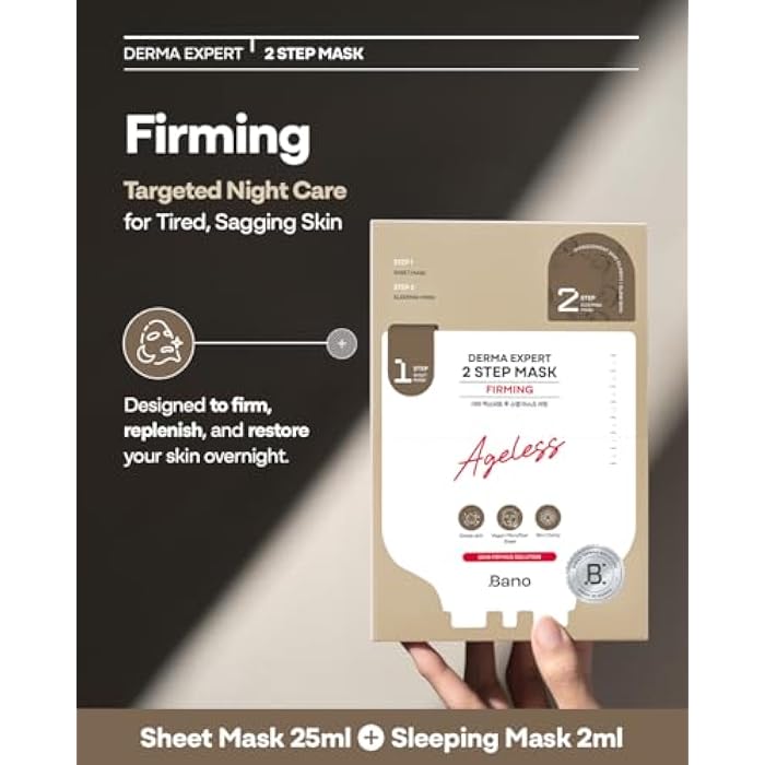 BANO Derma Expert 2 Step Firming Face Mask – 2 in 1 Sheet & Sleeping Mask with Peptides, Caffeine, Niacinamide & Hyaluronic Acid | Supports Skin Elasticity & Glow | Korean Skincare | 7 Sheets - Image 2