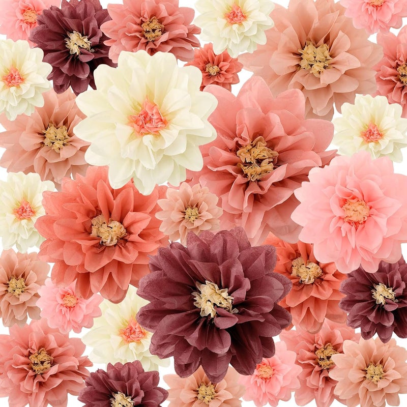 Geyee 18 Pcs Mexican Paper Flowers Colorful Fiesta Tissue Paper Flowers Pom Poms Mexican Carnival for Floral Party Backdrop Wedding Birthday Party Craft, 6" 8" 10"(Vintage Color) - Image 1