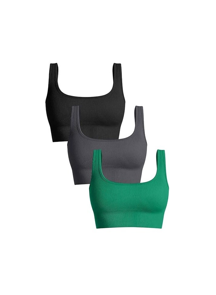 Women's 3 Piece Medium Support Tank Top Ribbed Seamless Removable Cups Workout Exercise Sport Bra