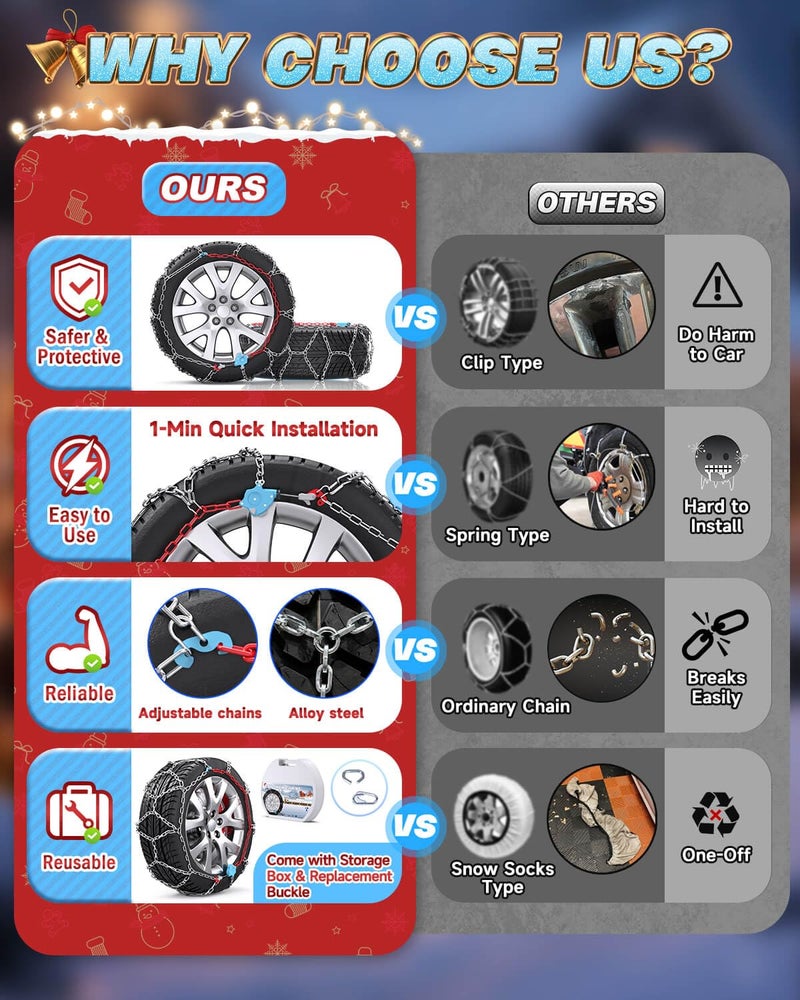 AUVEBY Snow-Chains Auto Fixing 1 Min Quick Fit Easy Installation Tire-Chains, Gifts for Safety, Portable Reusable Universal Emergency Tire Traction Chain for Passenger Car and SUV - Set of 2 (XM-120) - Image 4