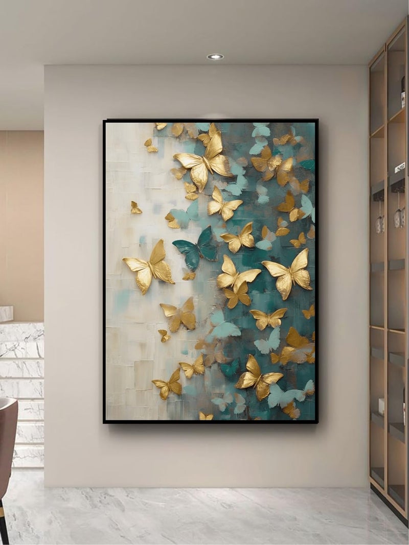 Artsense Golden Butterfly Escape | 20x30 Inch Wall Art | Textured Canvas in Black Floating Frame | Teal & Gold Luxury Decor - Image 1