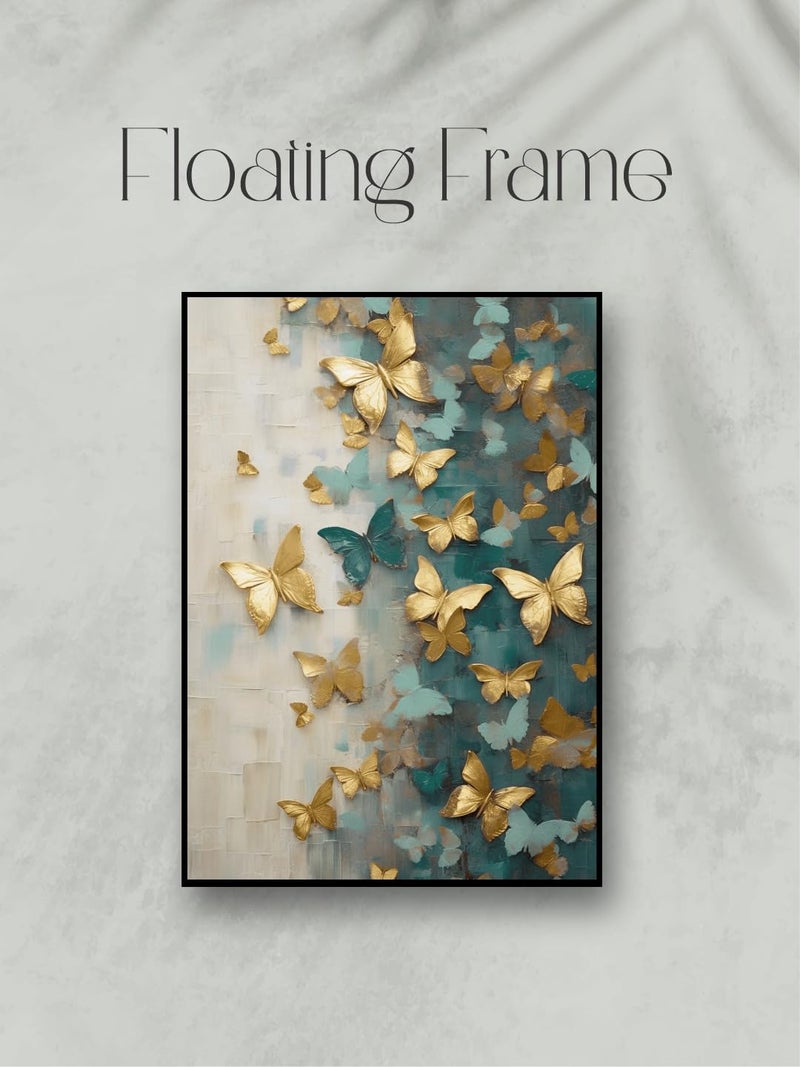 Artsense Golden Butterfly Escape | 20x30 Inch Wall Art | Textured Canvas in Black Floating Frame | Teal & Gold Luxury Decor - Image 2