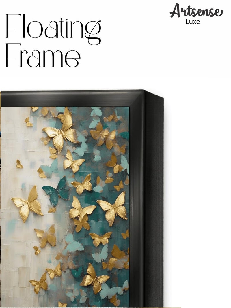 Artsense Golden Butterfly Escape | 20x30 Inch Wall Art | Textured Canvas in Black Floating Frame | Teal & Gold Luxury Decor - Image 3