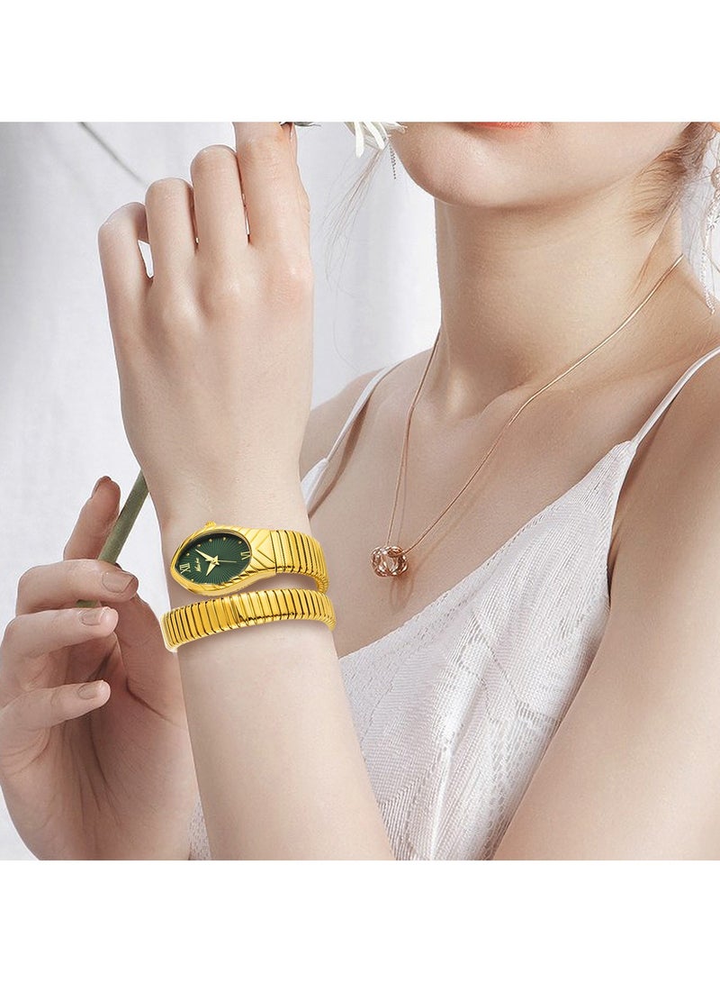 MISS FOX Women's Fashion Ins Watch Snake Head Dial Wrapped Elastic Strap Watch Snake Quartz Watch - Image 2